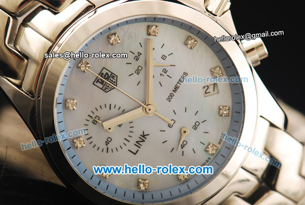 Tag Heuer Link Chronograph Quartz Movement Full Steel with Blue MOP Dial and Diamond Markers - Click Image to Close